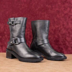 Stuart Weitzman Women Boulevard Black Leather Moto Buckle Mid Calf Boots sz 7